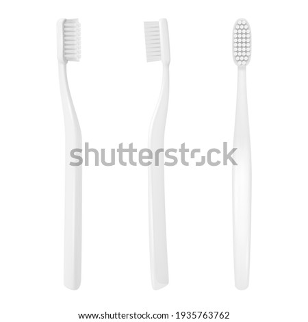 Vector 3d Realistic White Plastic Blank Toothbrush Icon Set Isolated on White Background. Design Template, Mockup. Dentistry, Healthcare, Hygiene Concept. Tooth Brush in Front, Top, Side View