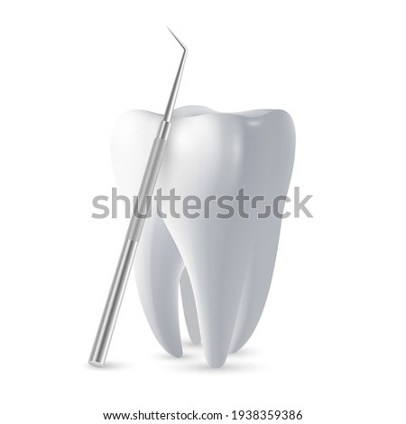 Vector 3d Realistic Tooth and Dental Probe for Teeth Closeup Isolated on White Background. Medical Dentist Tool. Design Template, Clipart, Mockup. Dentistry, Healthcare, Hygiene Concept