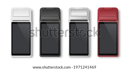 Vector Realistic Silver 3d Payment Machine. POS Terminal Set Closeup Isolated on White Background. Design Template of Bank Payment Terminal, Mockup. Processing NFC Payments Device. Top View