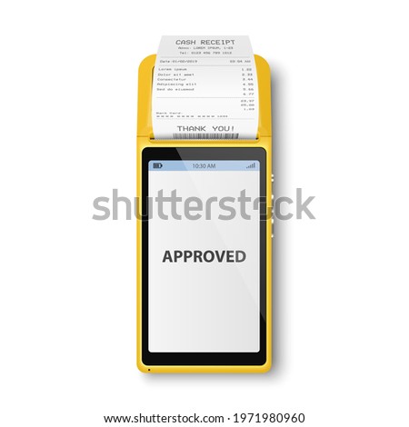 Vector Realistic Yellow 3d Payment Machine. POS Terminal, Paper Receipt Closeup Isolated. Approved Payment. Design Template of Bank Payment Terminal, Mockup. Processing NFC Payments Device. Top View