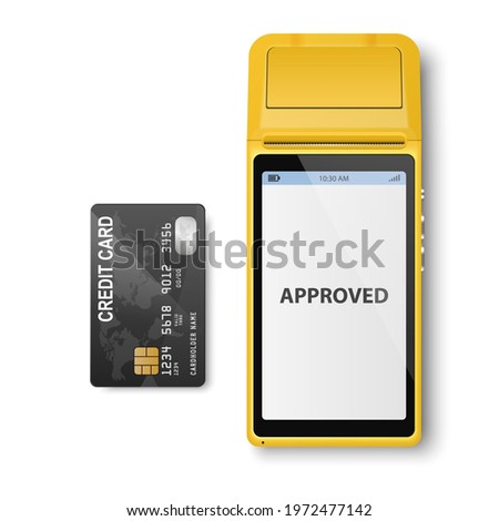 Vector Realistic Yellow 3d Payment Machine. POS Terminal, Credit Card Closeup Isolated. Approved Payment. Design Template of Bank Payment Terminal, Mockup. Processing NFC Payments Device. Top View
