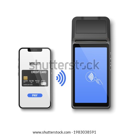 Vector Realistic 3d Payment Wi-Fi Machine, Smarthone. POS Terminal, Phone, Credit Card Isolated on White. Design Template of Bank Payment Terminal, Telephone, Mockup. Payments Device. Top View