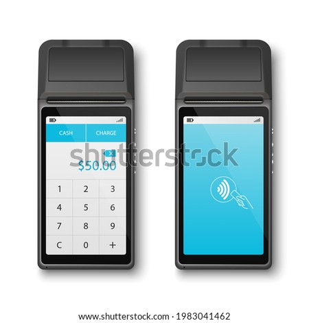 Vector Realistic Black 3d Payment Wi-Fi Machine. POS Terminal Closeup Isolated on White Background. Design Template of Bank Payment Terminal, Mockup. Payments Device. Top View