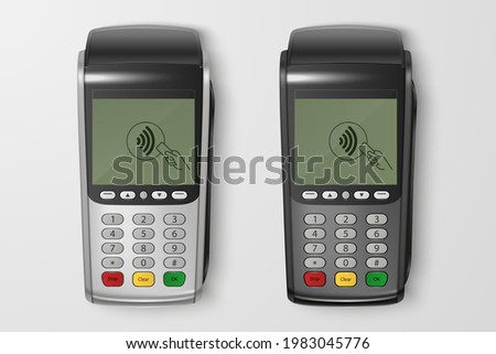 Vector 3d Realistic Silver, Black Payment Wi-Fi Machine Set. POS Terminal Closeup Isolated. Approved Payment. Design Template, Bank Payment Terminal, Mockup. Processing NFC Payments Device. Top View