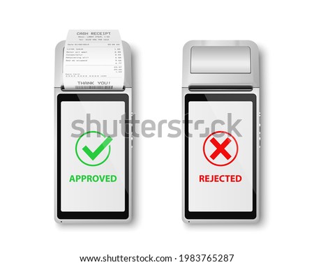 Vector Realistic Black 3d Payment Machine, Receipt. POS Terminal Set Isolated. Approved, Rejected Payment. Design Template of Bank Payment Terminal, Mockup. Processing NFC Payments Device. Top View