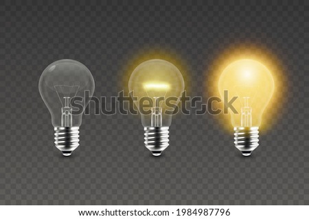 Vector 3d Realistic Glowing, Turned Off Electric Light Bulb Icon Set Isolated on Transparent Background. Design Template. Inspiration, Idea concept. Front View
