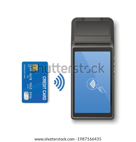 Vector 3d Realistic Black Wi-Fi Payment Machine and Credit Card. POS Terminal Isolated. Design Template, Bank Payment Terminal, Mockup. Processing NFC Payments Device. Top View