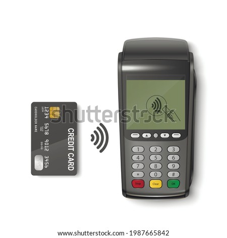 Vector 3d Realistic Black Wi-Fi Payment Machine and Credit Card. POS Terminal Isolated. Design Template, Bank Payment Terminal, Mockup. Processing NFC Payments Device. Top View