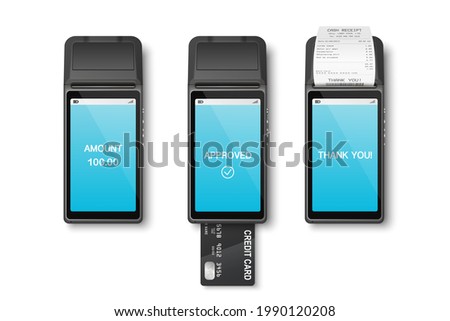 Vector 3d Realistic Payment Machine Set. POS Terminal, Paper Receipt, Credit Card Isolated. Design Template, Bank Payment Terminal, Mockup. Processing NFC Payments Device. Top View