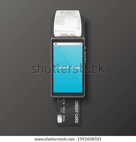Vector 3d Realistic Payment Machine, Receipt, Plastic Credit Card. POS Terminal, Paper Receipt, Payment Card. Design Template, Bank Payment Terminal, Mockup. Processing NFC Payments Device. Top View