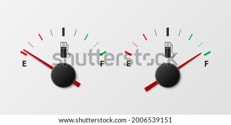 Vector 3d Realistic White Gas Fuel Tank Gauge, Oil Level Bar on White Background. Full and Empty. Car Dashboard Details. Fuel Indicator, Gas Meter, Sensor. Design Template Imagine de stoc © 