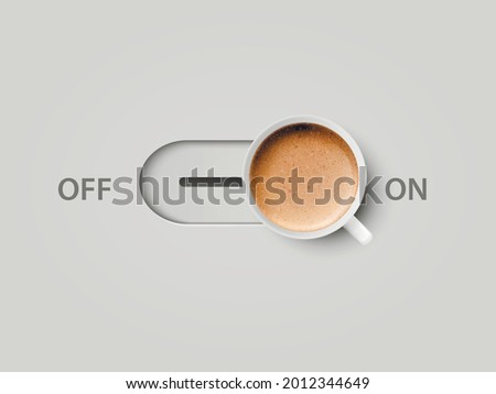 Vector 3d Realistic Off, On Switch with Milk Foam Coffee in White Ceramic, Porcelain Coffee Mug. Capuccino, Latte. Concept Creative Banner with Coffee Cup. Design Template. Top View