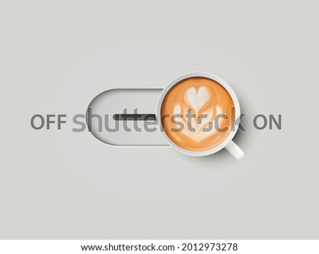 Vector 3d Realistic Off, On Switch with Milk Foam Coffee in White Ceramic, Porcelain Coffee Mug. Capuccino, Latte, Flower Pattern. Concept Creative Banner with Coffee Cup. Design Template. Top View