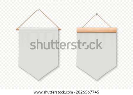 Vector 3d Realistic Blank White Pennant Wall Hanging, Design Template, Mockup. Pennant Closeup Isolated. Empty Fabric Flag, Advertising Canvas Banners. Pennants Set Stockfoto © 