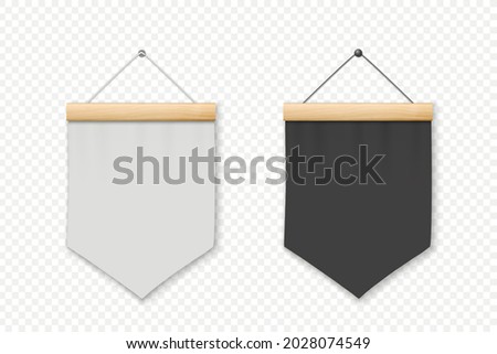 Vector 3d Realistic Blank White and Black Pennant Wall Hanging, Design Template, Mockup. Pennant Closeup Isolated. Empty Fabric Flag, Advertising Canvas Banners. Pennants Set Foto d'archivio © 