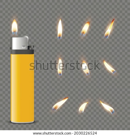 Vector 3d Realistic Blank Yellow Gasoline Lighter and Burning Flame Icon Set Closeup Isolated on Transparent Background. Fire from a Lighter. Design Template of Lighter Flame