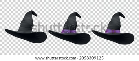 Three Black Hats. Vector 3d Realistic Cartoon Halloween Witch Hat Icon Set Closeup Isolated. Front View. Design Template of Witches Hat. Autumn Holidays, Halloween Concept