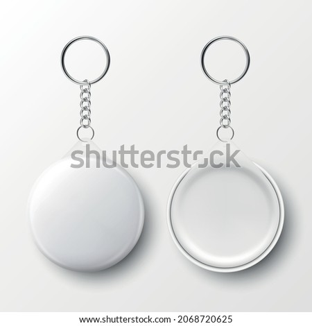 Vector 3d Realistic Blank White Round Keychain with Ring and Chain for Key Isolated on White. Button Badge with Ring. Plastic, Metal ID Badge with Chains Key Holder, Design Template, Mockup