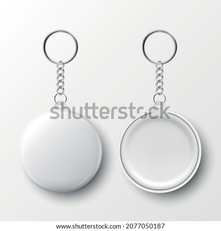 Vector 3d Realistic Blank White Round Keychain with Ring and Chain for Key Isolated on White. Button Badge with Ring. Plastic, Metal ID Badge with Chains Key Holder, Design Template, Mockup