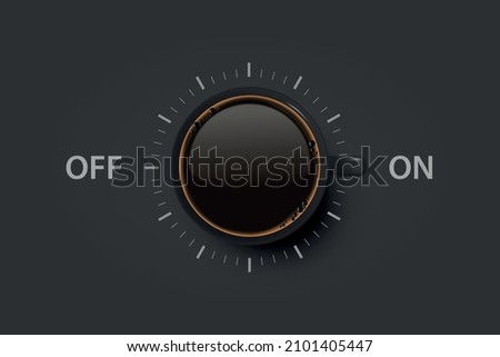 Vector 3d Realistic Off, On Switch with Coffee in Black Ceramic, Porcelain Coffee Mug on Black. Coffee Cup Icon. Concept Creative Banner with Coffee Cup. Design Template. Top View