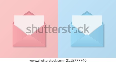 Vector 3d Realistic Open, Closed Pink, Blue Envelope Set. Isolated Envelopes. Blank, Empty Paper Sheet, Invitation, Message, Letter, Document. Design Template for Mockup. Envelope Closeup, Top View