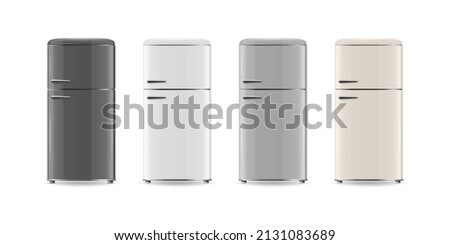 Vector 3d Realistic Black, White, Gray, Beige Fridge Icon Set Isolated. Vertical Refrigerators. Closed Fridges. Design Template, Mockup of Fridge. Front View