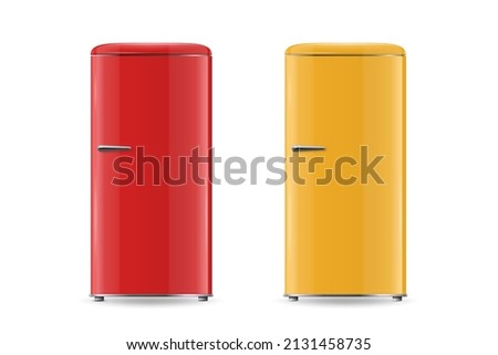 Vector 3d Realistic Retro Vintage Red, Yellow Fridge Icon Set Isolated. Vertical Refrigerators. Closed Fridges. Design Template, Mockup of Fridge. Front View