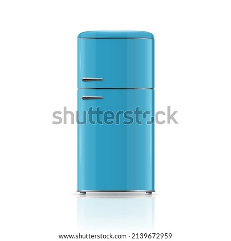 Vector 3d Realistic Blue Retro Vintage Fridge Icon Isolated on White. Vertical Refrigerator. Closed Fridge. Design Template, Mockup of Fridge. Front View