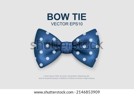Vector 3d Realistic Polka Dot Blue Bow Tie Icon Closeup Isolated on White Background. Silk Glossy Bowtie, Tie Gentleman. Mockup, Design Template. Bow tie for Man. Mens Fashion, Fathers Day Holiday 商業照片 © 