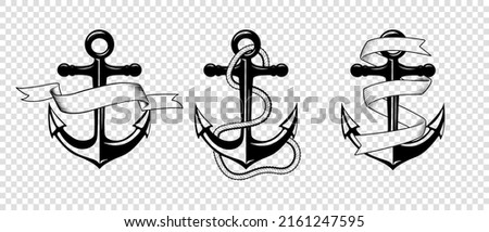 Vector Hand drawn Anchor Icon Set Isolated. Design Template for Tattoos, Tshirt, Logo, Labels. Anchor with Ribbon, Rope. Antique Vintage Marine Anchors