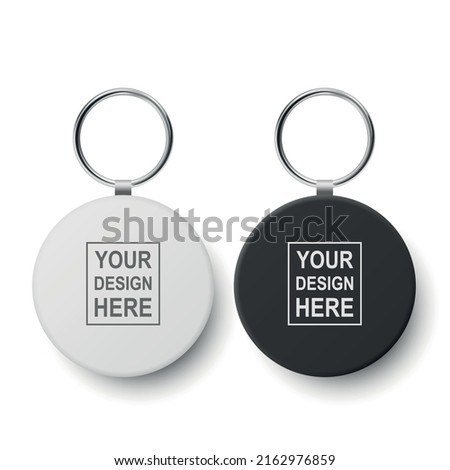 Vector 3d Realistic Blank Black, White Round Keychain with Ring and Chain for Key Isolated on White. Button Badge with Ring Set. Plastic, Metal ID Badge with Chains Key Holder, Design Template, Mockup