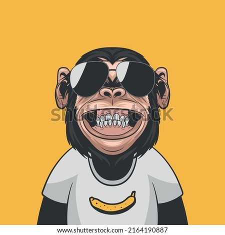 Vector Funny Smiling Chimpanzee Ape with Sunglasses and Banana on His T-shirt on Yellow Background. Happy Monkey for Wall Art, T-shirt Print, Poster. Cartoon Cute Chimp Monkey