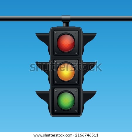 Vector Banner with 3d Realistic Detailed Road Traffic Lights on Blu Sky Background. Safety Rules Concept, Design Templete. Stoplight, Traffic Lights Template