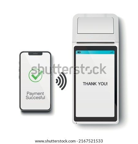 Vector 3d NFC Payment Machine and Smartphone. Payment Succesful. Approved Transaction. POS Terminal, Machine, Phone Isolated. Design Template of Bank Payment Wireless Contactless Terminal, Mockup