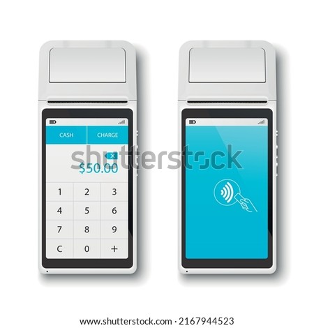 Vector 3d NFC Payment Machine Set Isolated. Wi-fi, Wireless Payment. Screen with Amount and Wifi Sign. POS Terminal, Machine Design Template of Bank Payment Contactless Terminal, Mockup