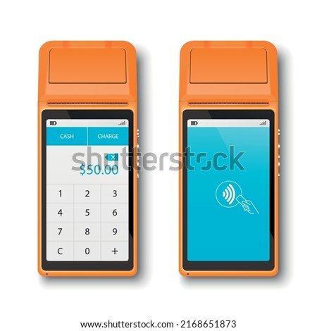 Vector 3d Orange NFC Payment Machine Set Isolated. Wi-fi, Wireless Payment. Screen with Amount and Wifi Sign. POS Terminal, Machine Design Template of Bank Payment Contactless Terminal, Mockup
