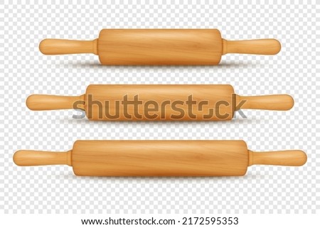 Vector 3d Realistic Textured Brown Wooden Rolling Pin Icon Set Isolated. Kitchen Dough Roller, Design Template of Dough Rolling Pin for Bakery. Different Size. Front, Side View