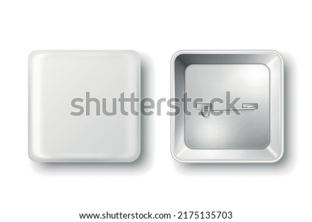 Vector 3d Realistic Square White Metal Blank Empty Button Badge Icon Isolated. Button Pin Badge. Glossy Brooch Pin. Top View - Front and Back Side. Template for Branding, Mock-up