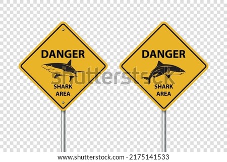 Vector Yellow Shark Sighting Sign Set Isolated. Shark Attack Warning. Danger for Surfing and Swimming. Shark Zone, Area, Caution