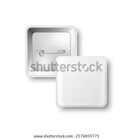Vector 3d Realistic Square White Metal, Plastic Blank Empty Button Badge Set Isolated - Front, Back Side. Button Pin Badge. Glossy Brooch Pin. Top View. Template for Branding, Mock-up