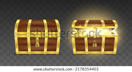 Vector 3d Realistic Wooden Chest with Opened and Closed Lid and Padlock. Pirate Treasure Box with Magic Glow Inside. Old Wood Trunk with Golden Fetter. Empty Vintage Coffer Isolated