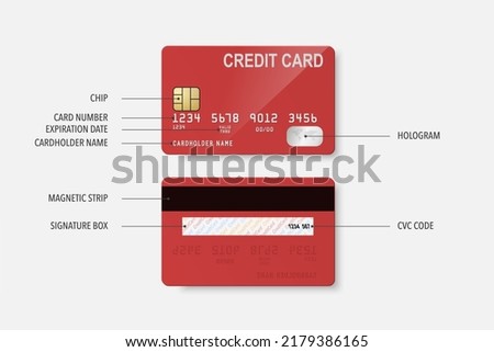 Credit Card Definition. Vector 3d Realistic Red Credit Card Set - Front and Back Side. Plastic Credit, Debit Card Design Template for Mockup, Branding. Credit Card Payment Concept. Top View