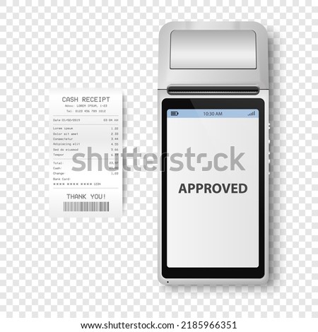 Vector 3d Black NFC Payment Machine with Approved Status and Paper Check, Receipt. Wi-fi, Wireless Payment. POS Terminal, Machine Design Template of Bank Payment Contactless Terminal, Mockup. Top VIew