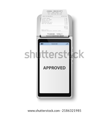 Vector 3d Black NFC Payment Machine with Approved Status and Paper Check, Receipt. Wi-fi, Wireless Payment. POS Terminal, Machine Design Template of Bank Payment Contactless Terminal, Mockup. Top VIew
