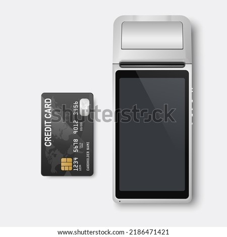 Vector 3d NFC Payment Machine and Credit Card. Wi-fi, Wireless Payment. POS Terminal, Machine Design Template of Bank Payment Contactless Terminal, Mockup.  