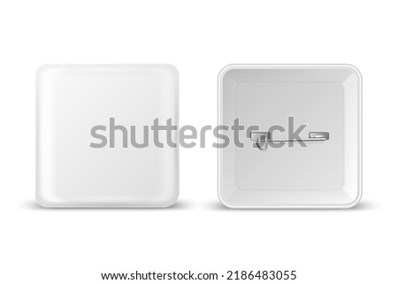 Vector 3d Realistic Square White Metal, Plastic Blank Empty Button Badge Icon Isolated. Button Pin Badge. Glossy Brooch Pin. Front View - Front and Back Side. Template for Branding, Mock-up