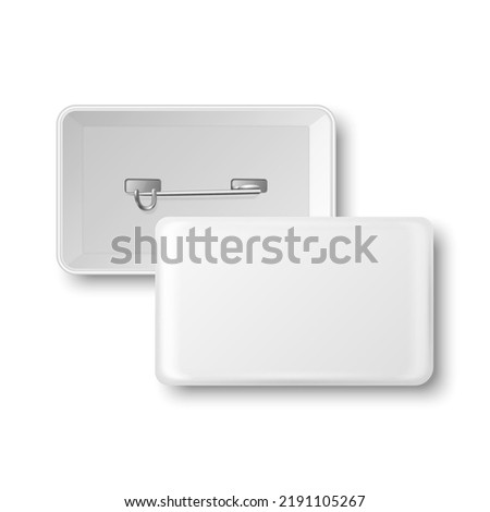 Vector 3d Realistic Rectangular White Metal, Plastic Blank Empty Button Badge Icon Isolated. Button Pin Badge. Glossy Brooch Pin. Top View - Front and Back Side. Template for Branding, Mock-up