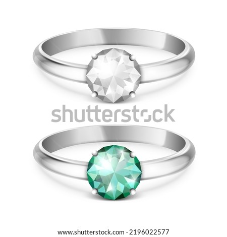 Vector 3d Realistic Silver Metal Wedding Ring with White and Turquoise Gemstone, Diamond Closeup Isolated. Design Template of Shiny Silver Ring. Side, Front View