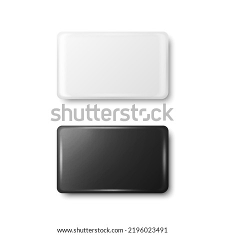 Vector 3d Realistic Rectangular White and Black Metal, Plastic Blank Empty Button Badge Icon Isolated. Button Pin Badge. Glossy Brooch Pin. Top View - Front Side. Template for Branding, Mock-up