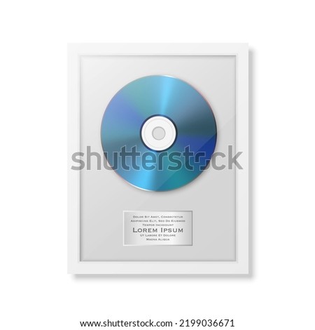 Vector 3d Realistic Blue CD, DVD and Label with Modern White Frame Isolated on White Background. Single Album Compact Disc Award, Limited Edition. Design Template